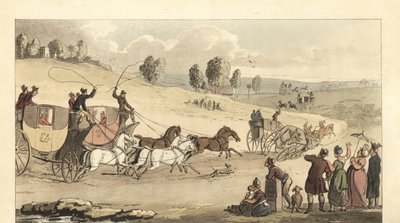 Giovani gentiluomini inglesi che corrono con carrozze a quattro cavalli su una strada da Thomas Rowlandson