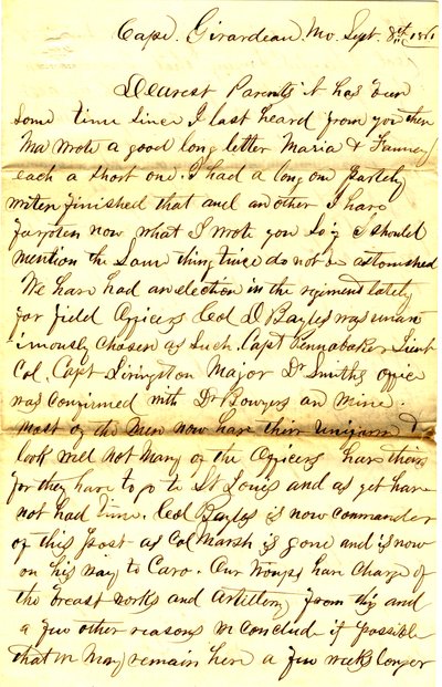 Lettera firmata T.S. Hawley, Cape Girardeau, Missouri, ai genitori, 8 settembre 1861 da Thomas S. Hawley