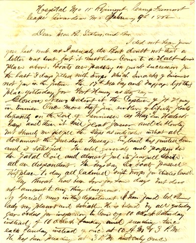 Lettera firmata T.S. Hawley, Ospedale 11° Fanteria del Missouri, Campo Fremont, Cape Girardeau, alla famiglia, 9 febbraio 1862 da Thomas S. Hawley
