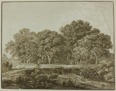 Paesaggio con figura che attraversa un ponte su un ruscello da Thomas Sandby
