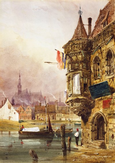 Una figura accanto a un edificio, Gand, con chiatte sul fiume Leye oltre, 1833 da Thomas Shotter Boys