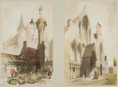 Mercato del pesce, Anversa e Hospice des Vieillards, Gand, da Architettura pittoresca a Parigi, Gand, Anversa, Rouen, ecc. da Thomas Shotter Boys