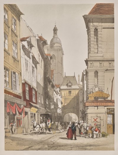 Architettura pittoresca a Parigi, Gand, Anversa, Rouen: Rue de la Crosse Horlogue, Rouen, Francia da Thomas Shotter Boys