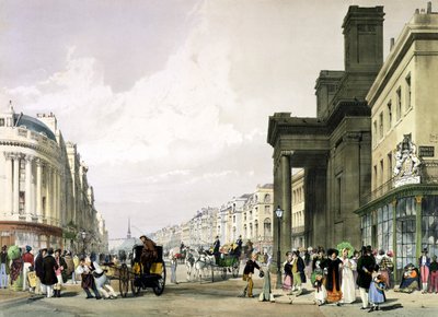 Regent Street verso il Quadrante con la Cappella di Hannover in primo piano e i clienti che passeggiano, 1842 da Thomas Shotter Boys