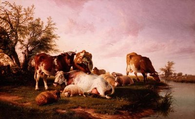 Pecore e bovini che pascolano lungo una riva del fiume da Thomas Sidney (after) Cooper