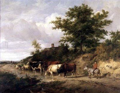 Paesaggio boscoso con un ragazzo su un asino e bestiame a un guado da Thomas Sidney Cooper