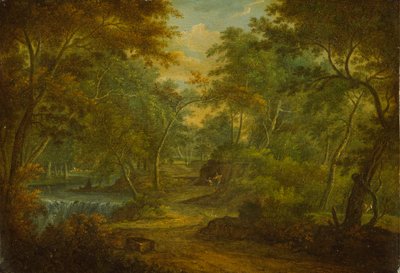 Paesaggio boscoso con un ruscello e un pescatore da Thomas Smith of Derby