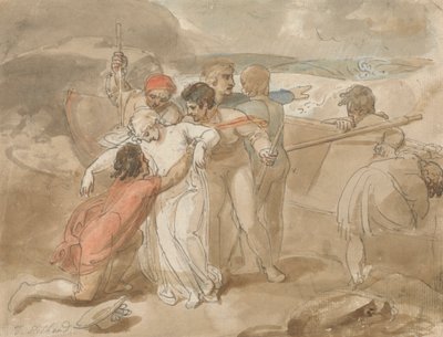 Una donna salvata dal mare e assistita a riva, barca a remi e soccorritori sullo sfondo da Thomas Stothard