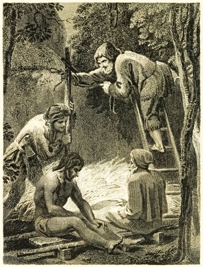 Robinson Crusoe e Venerdì costruiscono una tenda per ospitare il padre di Venerdì e lo spagnolo da 