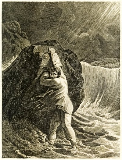Robinson Crusoe naufragato e aggrappato a una roccia da 