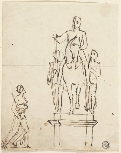 Scultura di Cavaliere Accompagnato da Due Figure in Piedi, con Schizzo di Una di Esse da Thomas Stothard