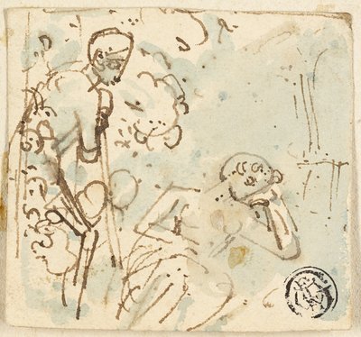 Schizzo di uomo appoggiato a un bastone, che guarda una donna che dorme da Thomas Stothard