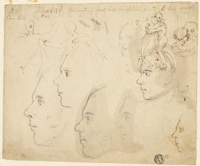 Schizzi di profili maschili, coppia che si abbraccia da Thomas Stothard