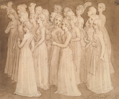 Venti giovani ragazze in un gruppo che camminano verso sinistra da Thomas Stothard