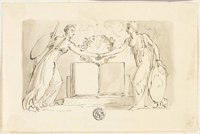Due figure femminili allegoriche che si stringono la mano davanti a un libro da Thomas Stothard