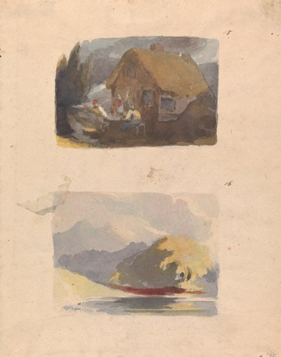 Due disegni su un foglio: Cottage con figure davanti (n. 15); Paesaggio con fiume e montagne - Sole (n. 16) da Thomas Sully