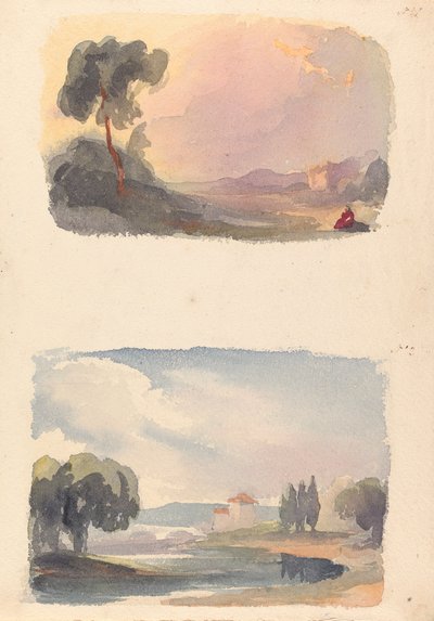 Due disegni su un foglio: Paesaggio con montagne in lontananza e figure sedute in primo piano (n. 1); Paesaggio con fiume e edificio, montagne in lontananza (n. 2) da Thomas Sully