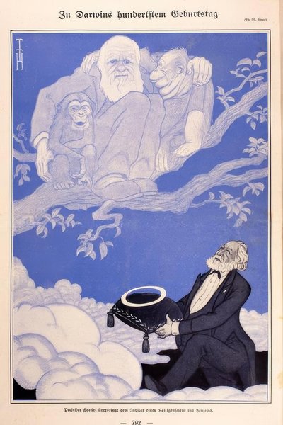 Caricatura del 1909 di Darwin, scimmie, Haeckel da Thomas Theodor Heine