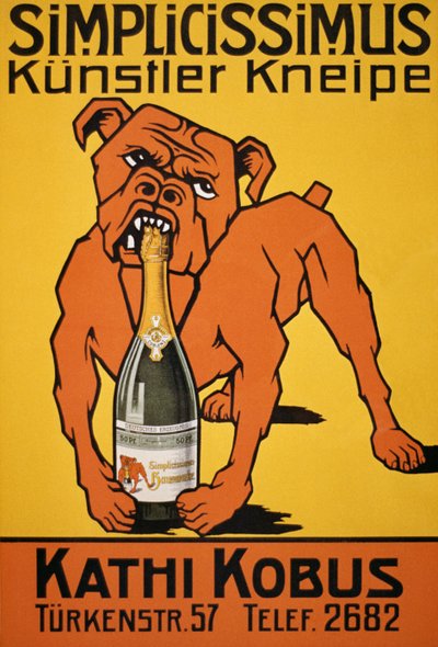 Poster vintage di bulldog che morde una bottiglia di champagne da Thomas Theodor Heine