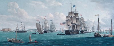 La nave U.S. Franklin, con una vista della baia di New York, 1820 o 1830 da Thomas Thompson