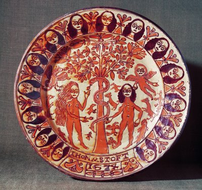 Piatto in maiolica di Adamo ed Eva, North Staffordshire, 1674 da Thomas Toft