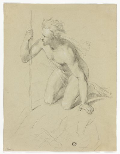Uomo nudo inginocchiato, con il bastone in mano (recto); panorama alpino (verso) da Thomas Uwins