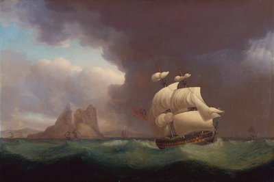 Una nave a due ponti e altre imbarcazioni in tempesta al largo di Gibilterra da Thomas Whitcombe