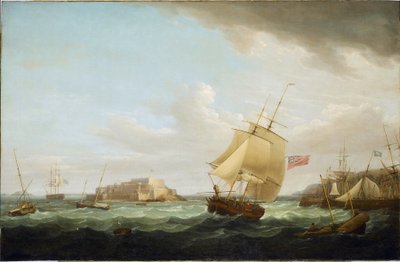 Una nave mercantile e altre imbarcazioni al largo del Castello di Cornet a Guernsey, Inghilterra da Thomas Whitcombe