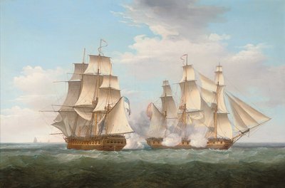H.M.S. Ethalion in azione con la fregata spagnola Thetis al largo di Capo Finisterre, 16 ottobre 1799 da Thomas Whitcombe
