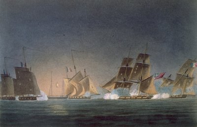 HMS Rinaldo che ingaggia quattro corsari francesi, inciso da J. Bailey per 