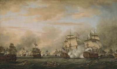 La battaglia delle Saintes, 12 aprile 1782. HMS Barfleur attacca la nave ammiraglia francese Ville de Paris da Thomas Whitcombe