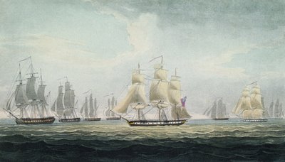 La manovra navale di Sir Graham Moore, comandante dello squadrone di quattro fregate della Royal Navy britannica, che catturò una flotta del tesoro spagnola, al largo di Cadice, Spagna, il 5 ottobre da Thomas Whitcombe