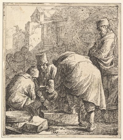 Uomo che si aggiusta le calzature, a sinistra tre uomini che giocano a carte da Thomas Wijck