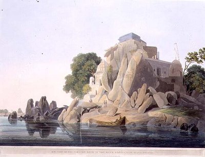 Vista sud-ovest della Roccia del Fakeer nel fiume Gange, vicino a Sultaungunge, tavola IX dalla Parte 3 di 