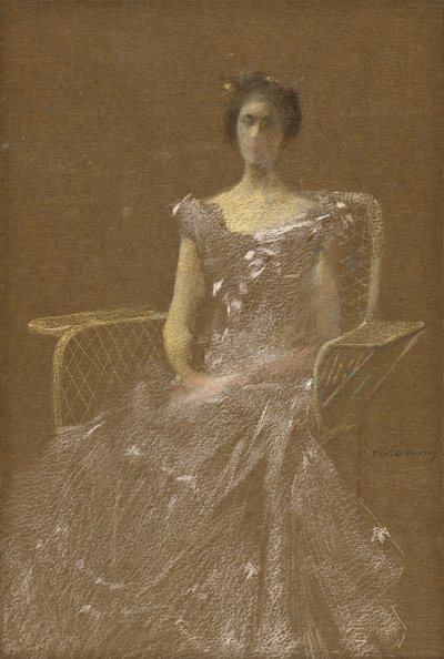 Signora in poltrona di rattan da Thomas Wilmer Dewing