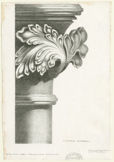 Interno della Cattedrale di Lichfield - Foliage scolpito: litografia, nd [?19th cent] da Thomas Witlam Atkinson
