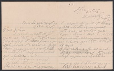 Lettera di Thomas Womack a Julia Womack con busta, 7 aprile 1915 da Thomas Womack