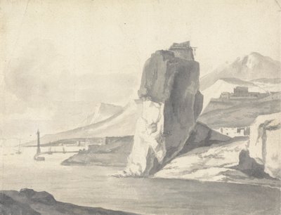 Scena costiera (italiana) con frangiflutti, alte scogliere e un forte da Thomas Wyck