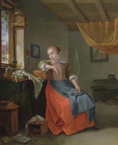 Donna seduta in un interno che guarda fuori dalla finestra da Thomas Wyck