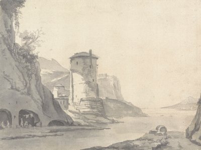 Un villaggio in una insenatura costiera rocciosa (italiana?) con torre rotonda sulla riva sinistra da Thomas Wyck