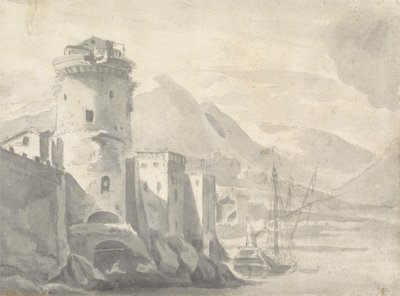 Edifici fortificati che si ergono ripidamente da una riva del fiume (in Italia?) con barca al centro e montagne distanti da Thomas Wyck