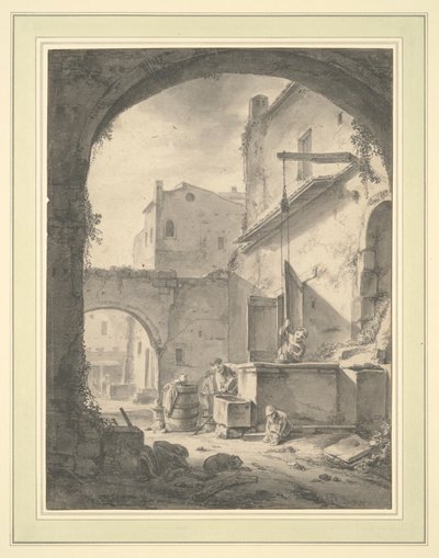 Vista in un cortile con una famiglia a un pozzo da Thomas Wyck