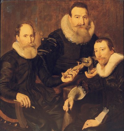 Ritratto di gruppo di tre gentiluomini, tre quarti di lunghezza, seduti in costumi neri con colletti di pizzo, 1635 da Thomas de Keyser