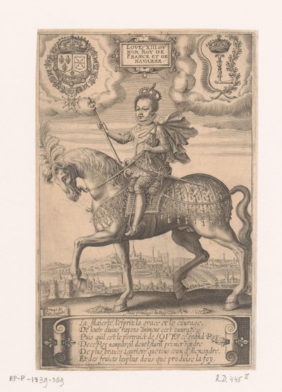 Ritratto di Luigi XIII a cavallo, con veduta di Parigi sullo sfondo da Thomas de Leu