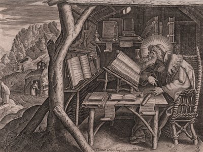San Evagrio Pontico immerso nei suoi studi, incisione e bulino di Thomas de Lieu (1560-1612) da Thomas de Leu