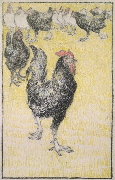 Gallo, seguito da galline bianche e nere da Théophile Alexandre Steinlen
