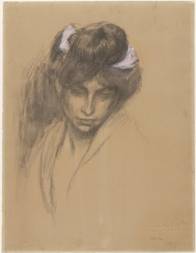 Testa di ragazza scura, che guarda in avanti, con un nastro viola nei capelli da Théophile Alexandre Steinlen