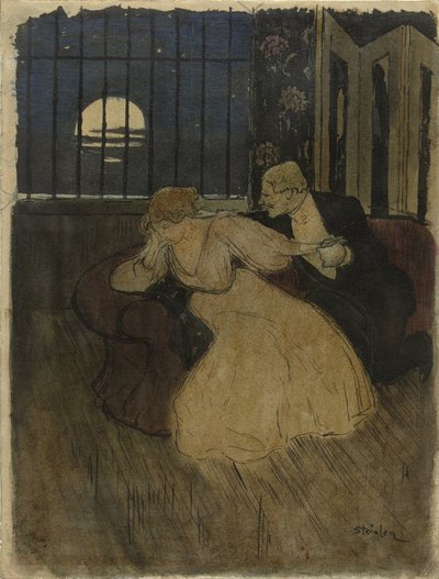 Gentiluomo in frac cerca di persuadere una dama esitante su un divano da Théophile Alexandre Steinlen