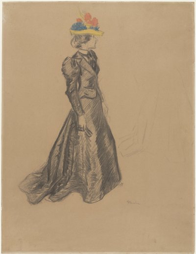Signora in piedi in completo nero con strascico e cappello di paglia colorato con fiori estivi da Théophile Alexandre Steinlen