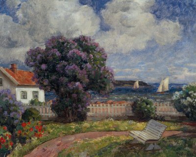 Paesaggio costiero con cespuglio di lillà in fiore da Thorolf Holmboe